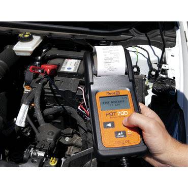 GYS PBT700 Battery System Tester & Analyser tier, showing printed diagnostic results from the built-in printer.