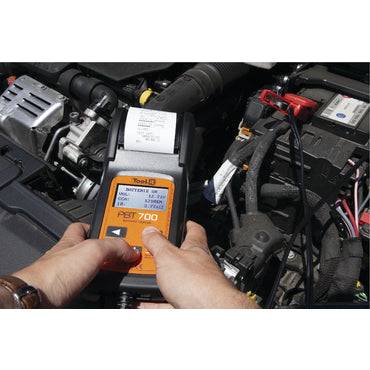 GYS PBT700 Battery System Tester & Analyser displaying real-time test results and printing battery health report instantly.