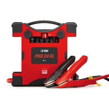 GYS BOOSTER LITHIUM NOMAD POWER PRO 24 XL - 025905 portable jump starter for 24V vehicles with heavy-duty clamps.