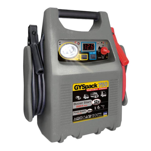 GYSPACK 750 2in1 12V Starter & Power Supply 026353 with LED display, clamps, and 28Ah battery for instant vehicle jump-starting and 12V DC power supply.
