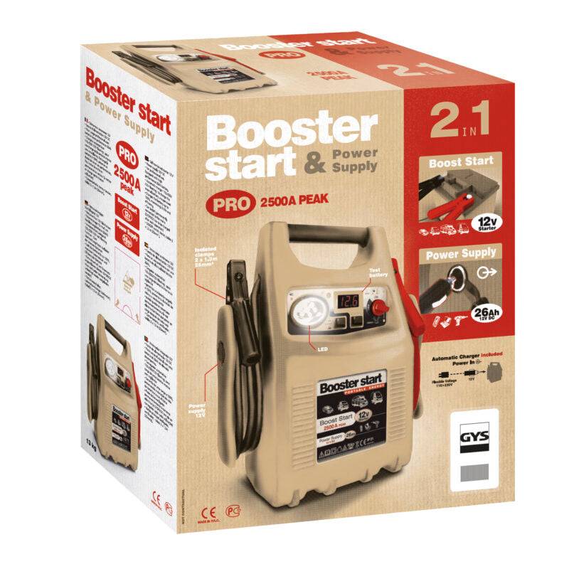 Retail packaging of GYSPACK 750 2in1 12V Starter & Power Supply 026353 listing features like 2500A peak boost, 28Ah battery, and dual functionality.