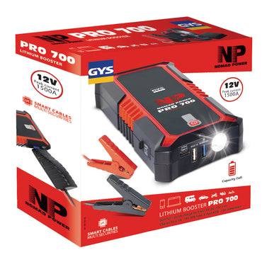 GYS Nomad Power 700 028838 2000A Lithium Jump Pack in retail packaging, showing smart cables, USB ports, and LED light for 12V vehicle starting.
