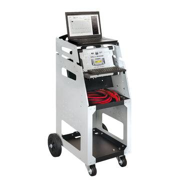 GYSFLASH TROLLEY XL - ND 028890 mobile cart for GYS Flash Battery Support Units with cable storage and laptop shelf, ideal for vehicle repair shops. Laptop not included.