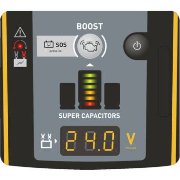 GYS 24v Batteryless Booster GYSCAP 028944 control panel with boost button, voltage display, and supercapacitor charge indicator.
