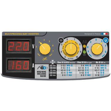 GYS EASYMIG 160 MIG/MAG 160A control panel showing voltage, amperage, and welding settings for steel and stainless steel applications.