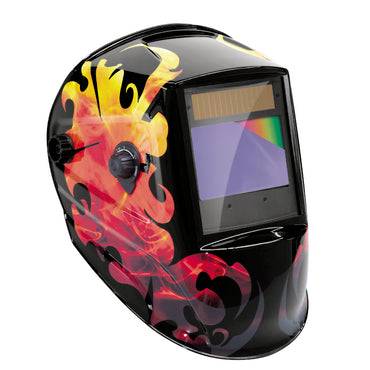 GYS LCD ZEUS 5-9 / 9-13 G FIRE XL SCREEN welding helmet 044098 with flame design, featuring auto-darkening lens for UV and infrared protection.