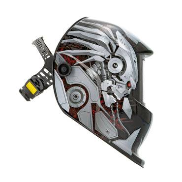 GYS Welding/Grinding Helmet LCD Venus 9/13 IRON True Colour Welding 064980 with robotic skull design and adjustable headgear for industrial safety.