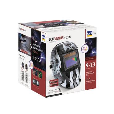 GYS Welding/Grinding Helmet LCD Venus 9/13 IRON True Colour 064980 in retail packaging, featuring auto-darkening lens and True Colour technology.