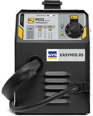 GYS EASYMIG 85 gasless MIG welder with control dial and welding guide, ideal for flux-cored wire welding in workshops or home projects.