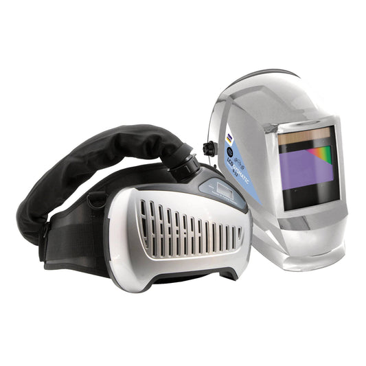 GYSMATIC AIR-FED 9/13 XL TC WELDING HELMET 065727 with integrated air-purifying respirator and wide-view auto-darkening lens for industrial welding safety.
