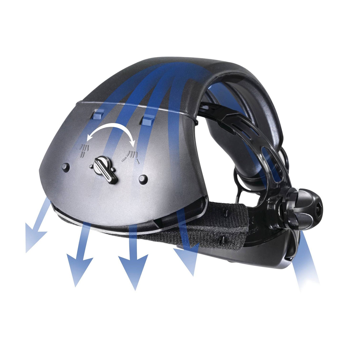 Rear view of GYSMATIC AIR-FED 9/13 XL TC WELDING HELMET 065727 headgear showing adjustable airflow system for respiratory protection.