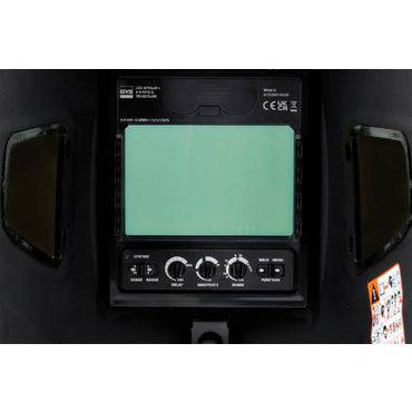 Close-up of GYS Apollo+ True Colour Welding Helmet lens with auto-darkening controls for UV/IR protection and precise welding performance.