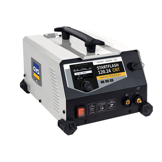 GYS STARTFLASH 120.24 CNT starter-charger with inverter technology for 6V, 12V, and 24V lead-acid and lithium batteries. Ideal for diagnostics and battery support.