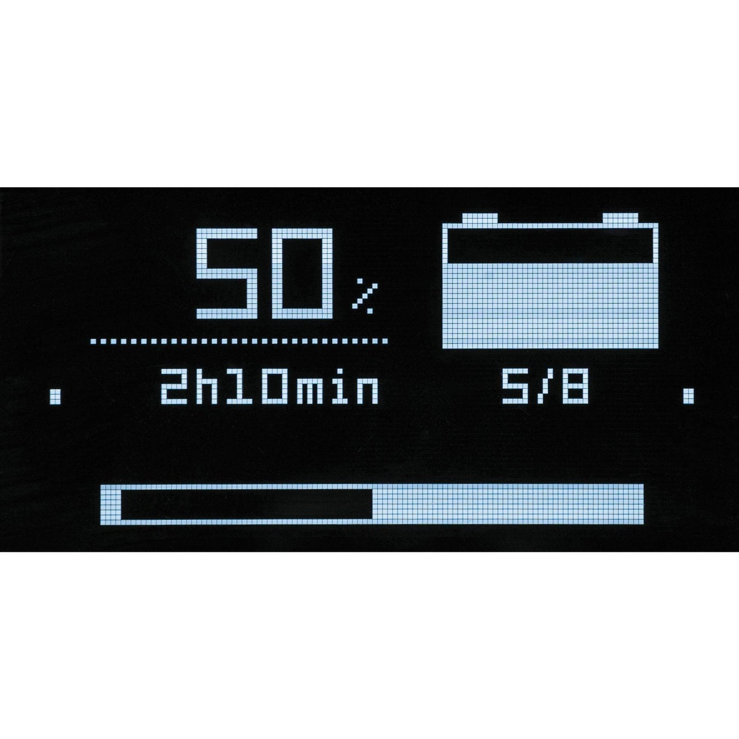 Digital display of GYS STARTFLASH 120.24 CNT STARTER-CHARGER 073616 showing 50% charge, 2h10min remaining, and 5/8 battery level. Ideal for 6V, 12V, and 24V batteries.