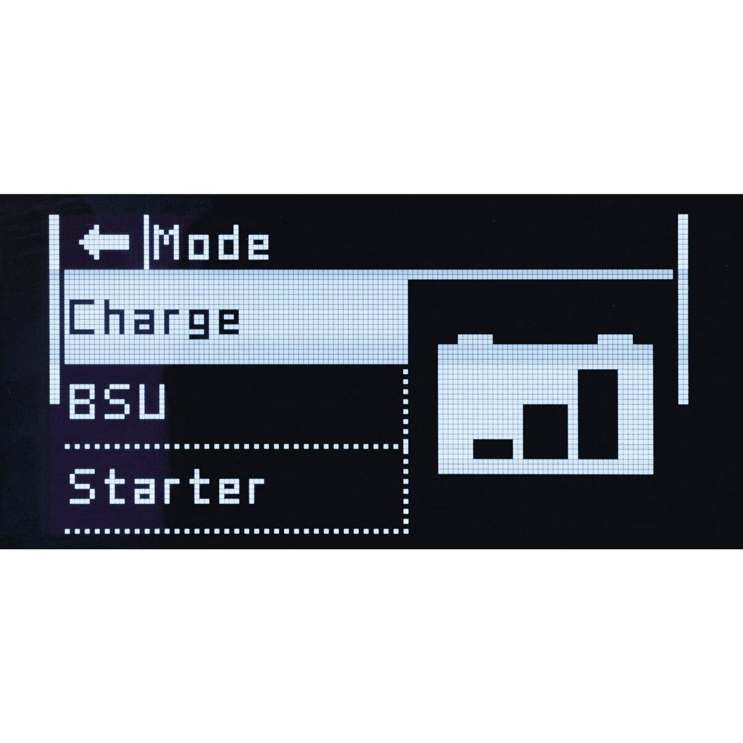 Digital display interface of GYS STARTFLASH 120.24 CNT STARTER-CHARGER 073616 showing mode selection with Charge, BSU, and Starter options.