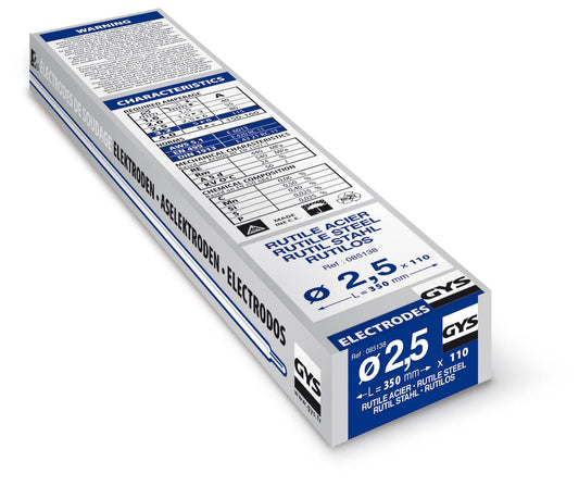 GYS UNIVERSAL RUTILE ELECTRODES STEEL TYPE GY38 Ø2.5-Ø4.0 in a 2.5mm x 350mm x 110 pack, ideal for all-position welding with easy ignition.