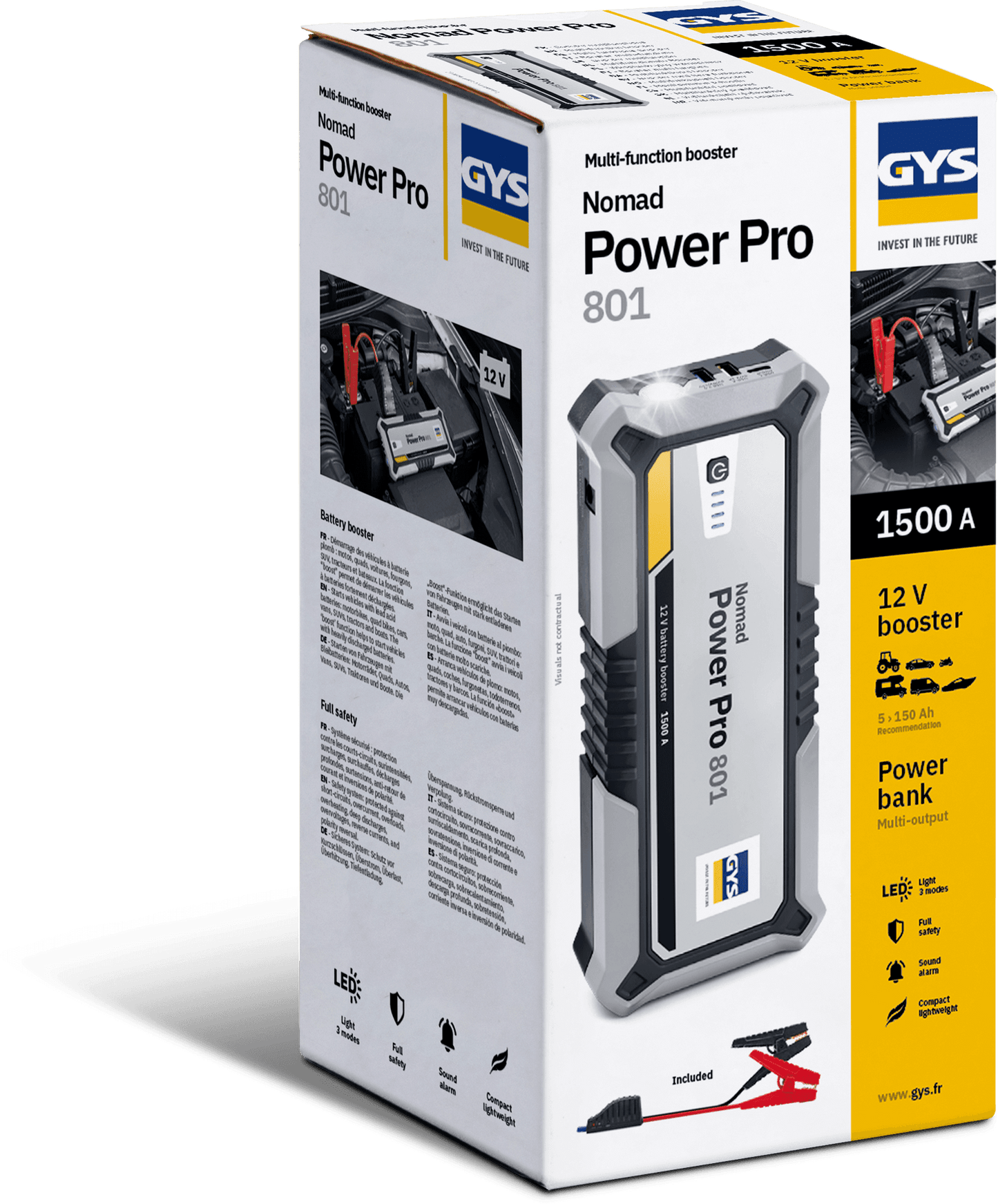 GYS BOOSTER LITHIUM NOMAD POWER PRO 801 - 085831 multi-function jump starter with 1500A peak current for 12V vehicles, power bank, and emergency lamp.