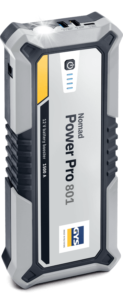GYS BOOSTER LITHIUM NOMAD POWER PRO 801 - 085831 compact jump starter with LED emergency light, ideal for 12V vehicles like cars, SUVs, and boats.