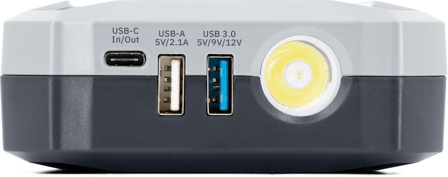 GYS BOOSTER LITHIUM NOMAD POWER PRO 801 - 085831 showing USB-C, USB-A, USB 3.0 ports and built-in emergency lamp for vehicle jump starting and power supply.