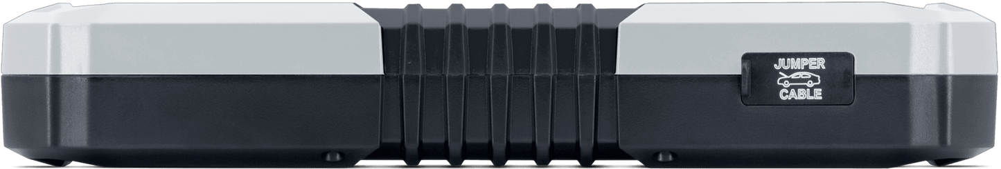 Front view of GYS BOOSTER LITHIUM NOMAD POWER PRO 801 - 085831 showing jumper cable port. Compact lithium battery jump starter for 12V vehicles.
