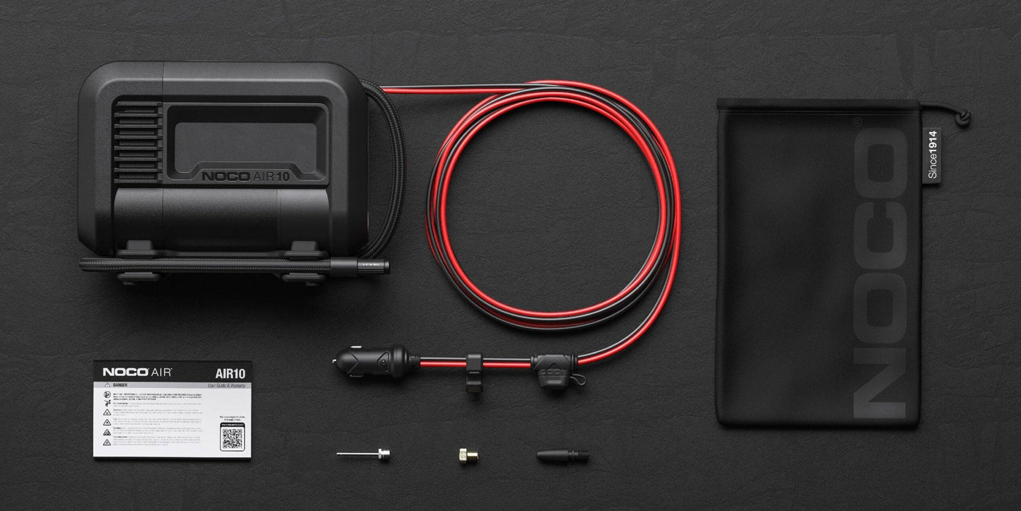 NOCO Portable Tyre Inflator -AIR10 - 10A 60PSI with digital display, shown with accessories including power cable, inflation needles, and storage pouch.