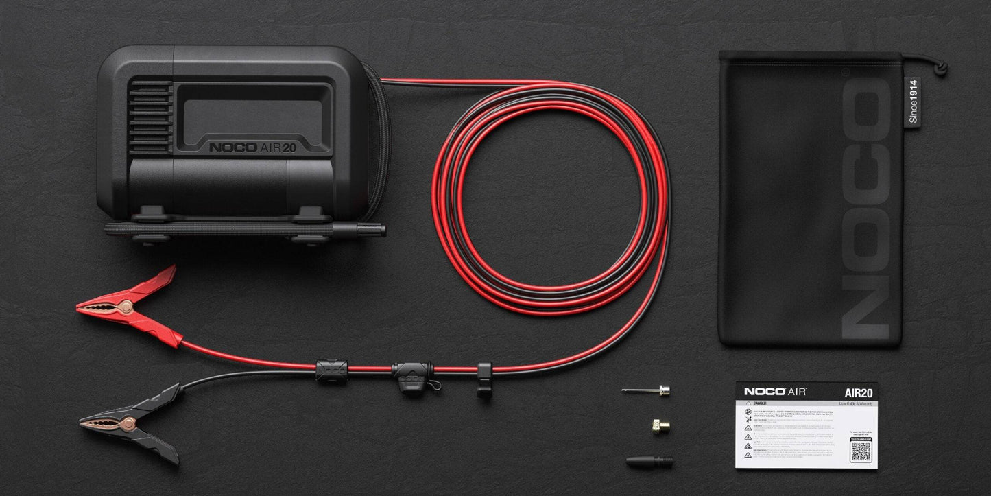 Noco AIR20 - 20A 100PSI Portable Tyre Inflator with 280-watt motor, red and black cables, accessories, and storage pouch.
