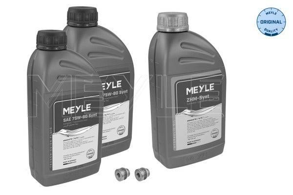Meyle 1001350200 Transmission Oil Service Kit with 1L hydraulic oil, 2L transmission oil, and 2 sump plugs for VW & Audi DQ200, 0CW, 0AM gearboxes.