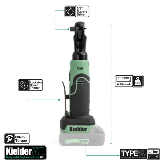 Kielder 3/8'' 18V Lightweight 60nm 1.25kg Electric Ratchet (Bare Unit)