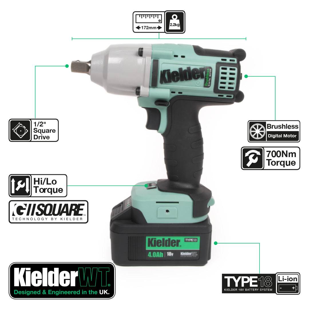 Kielder cordless impact wrench with 1/2 inch square drive, brushless motor, 700Nm torque, 4.0Ah battery, impact wren