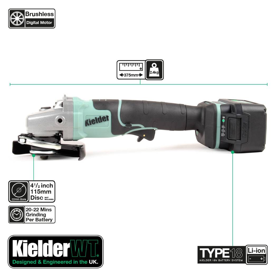 Kielder KWT-013-03 TYPE18 18V 115MM ANGLE GRINDER (3x5.0Ah Batteries) + Free 48 Piece Accessory Kit