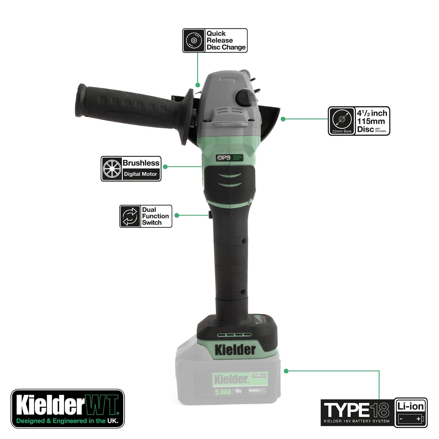 Powerful Kielder Angle Grinder 18V featuring digital brushless motor and quick release disc change for efficient grinding and cutting tasks.