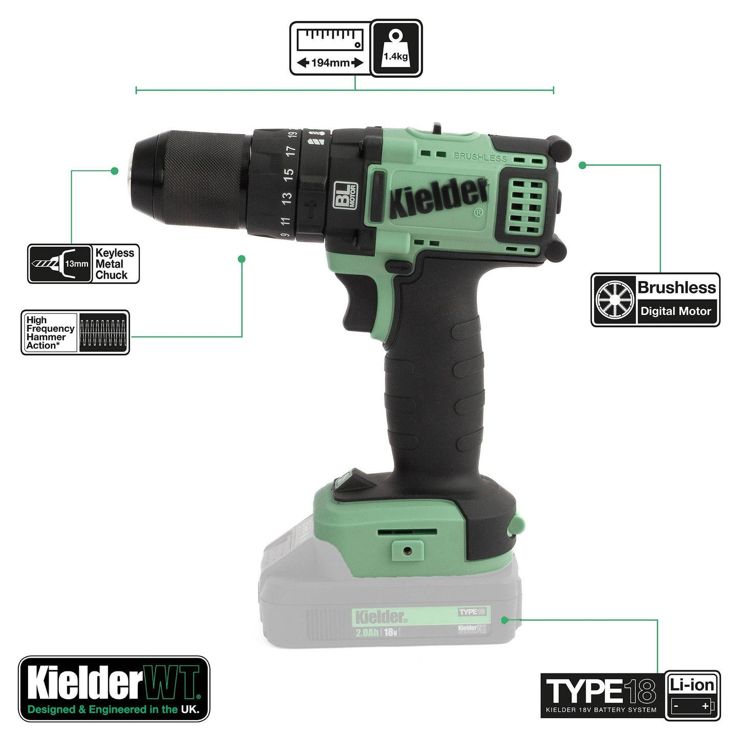 Kielder Type 18 Bare Combi Drill KWT-014-06 with digital brushless motor and keyless metal chuck, ideal for masonry, metal, and wood drilling.