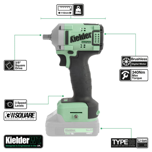 Kielder KWT-075-06 Ultra Compact 340Nm Impact Wrench 3/8" 18V Li Ion with brushless motor, 3 speed levels, and LED light for tight space work.