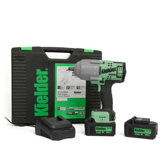 Kielder 1790Nm High Impact Wrench Set KWT-085-02 with 2x5.0Ah batteries, charger, and carry case for heavy-duty automotive and workshop use.