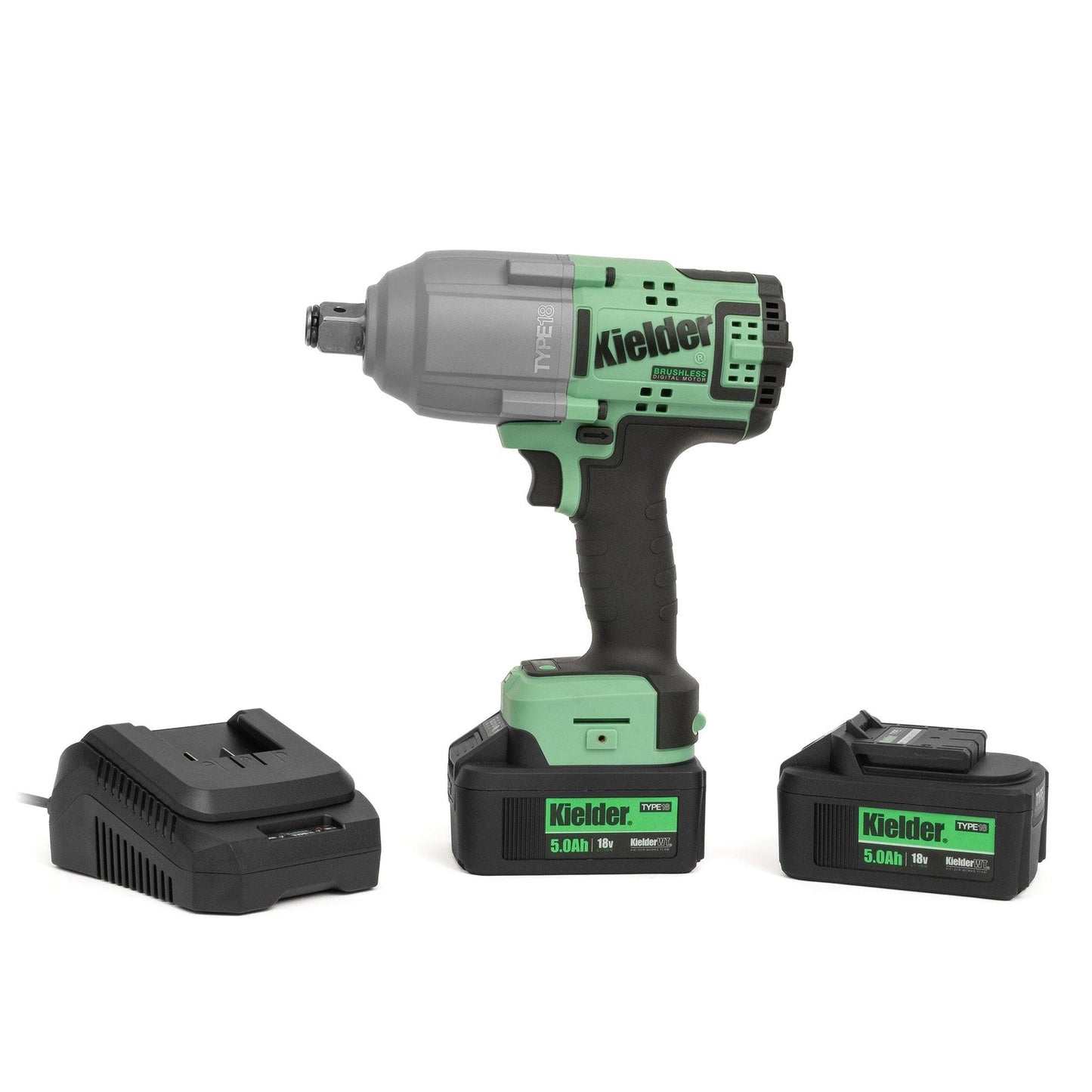 KIELDER 3/4" HIGH TORQUE IMPACT WRENCH (KIT) - KWT-085-32 with two 5.0Ah batteries and charger, ideal for heavy-duty workshop use.