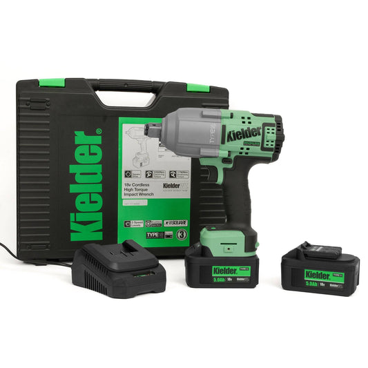 KIELDER 3/4" HIGH TORQUE IMPACT WRENCH (KIT) - KWT-085-32 with carry case, charger, and two 5.0Ah batteries for professional workshop use.