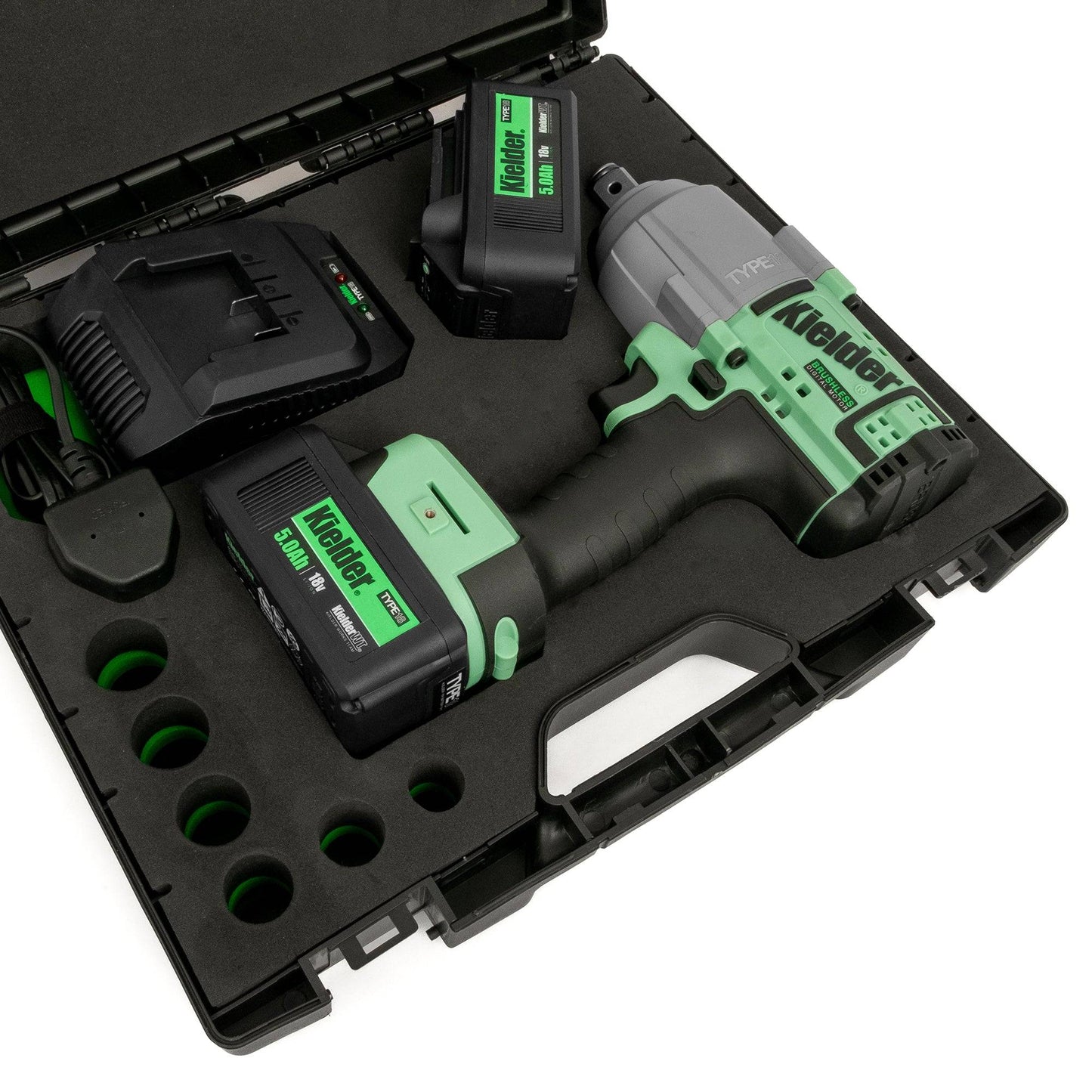 KIELDER 3/4" HIGH TORQUE IMPACT WRENCH (KIT) - KWT-085-32 with dual batteries, charger, and carry case for professional workshop use.