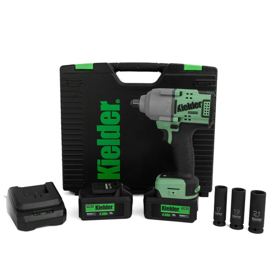 Kielder 18v Brushless Cordless 1/2" Impact Wrench Kit with 3pc Socket Set, two 4.0Ah batteries, charger, and carry case for workshop use.
