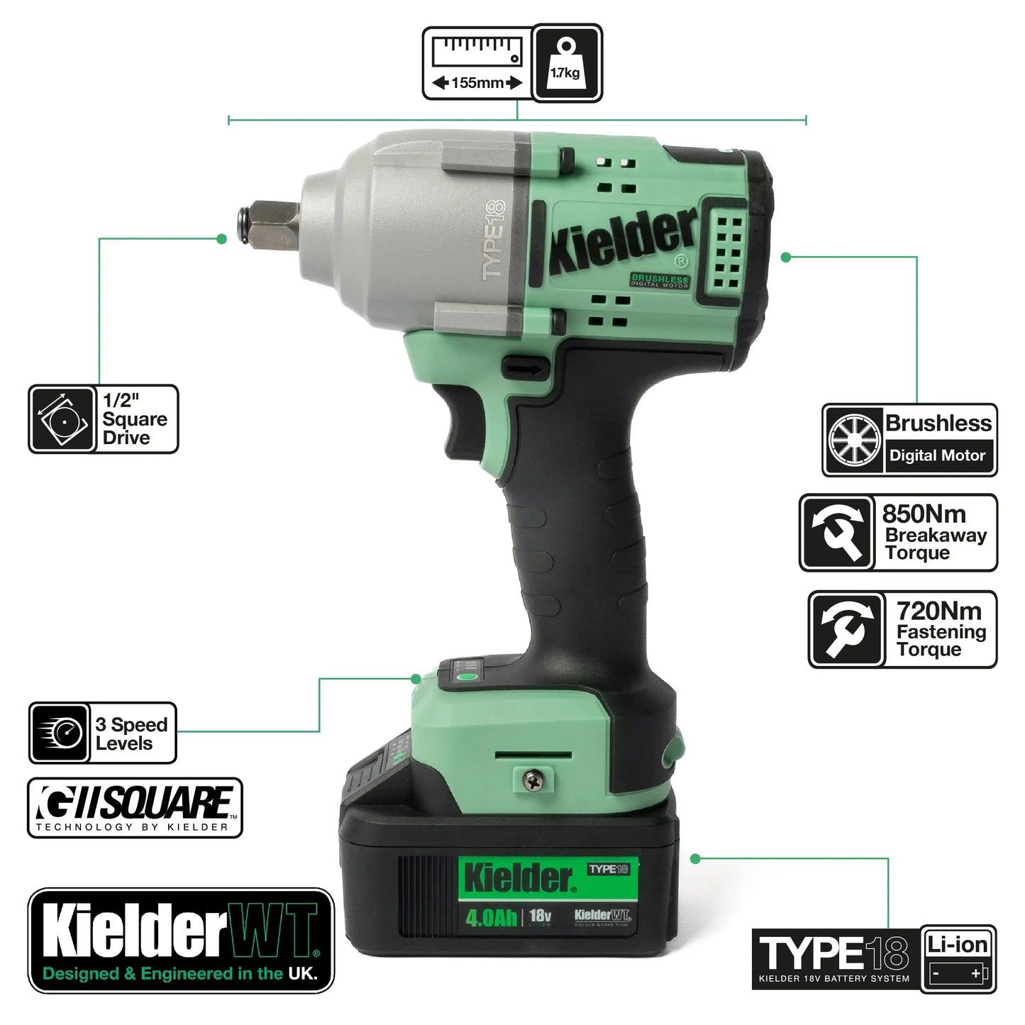 Kielder KWT-180-02 2x4.0Ah Batteries 1/2in 18v 850Nm Impact Wrench Kit