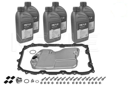 Meyle 1001350105 automatic transmission kit for Audi Q7, Porsche Cayenne, VW Touareg with 6 ATF bottles, filter, gasket, bolts, and seals for complete fluid service.