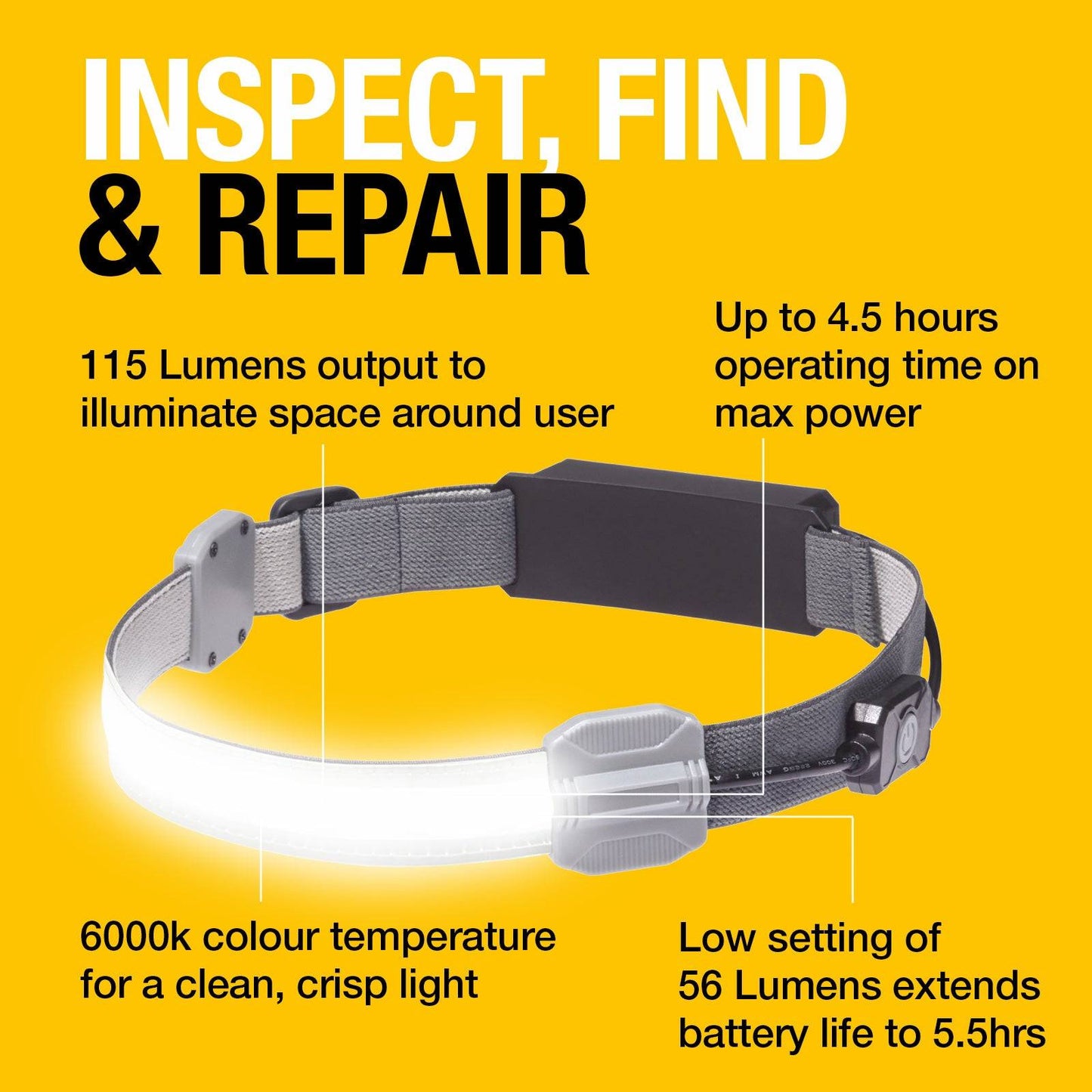 Flexible Head Torch RIL0115 features 115 lumens, 6000K color temperature, and up to 5.5 hours battery life for inspection and repair tasks.