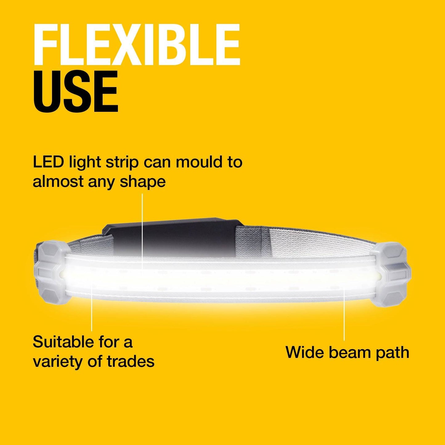 Flexible Head Torch RIL0115 with wide beam LED strip, suitable for various trades and adaptable to different shapes for flexible use.