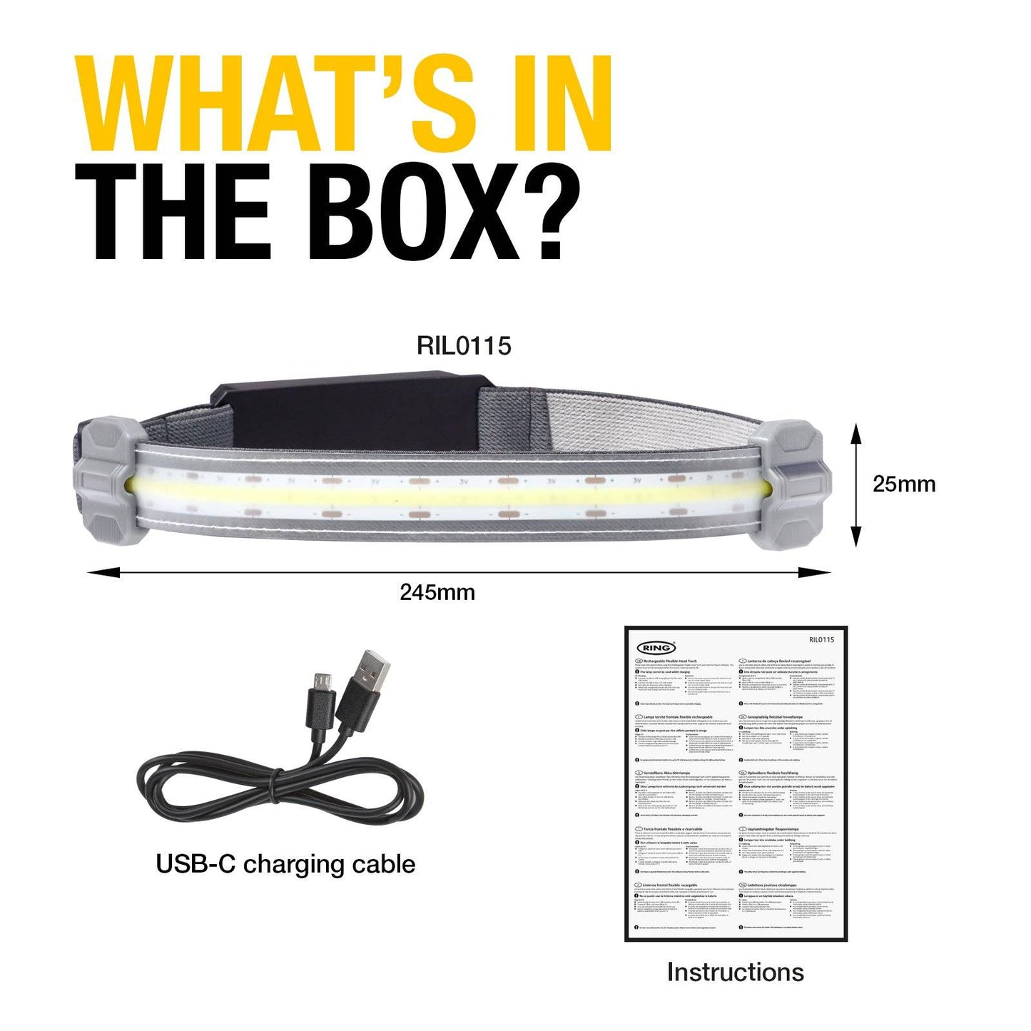 Flexible Head Torch RIL0115 includes USB-C charging cable and instructions, measuring 245mm wide and 25mm thick for compact utility.