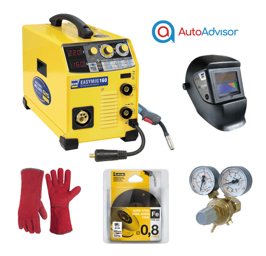 EASYMIG 160 READY TO WELD PACK U62255 Pack Contains: Euro Torch, Earth Clamp, Electrode Holder, Truecolor Welding Helmet, 0.8mm MIG Wire Steel, Regulator & Leather Welding Gauntlets.