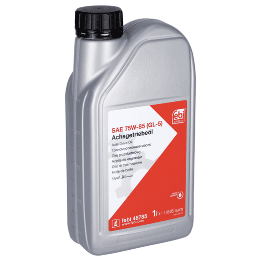 Febi 48785 Gear Oil SAE 75W-85 (GL5) 1L bottle for axle and transmission use, suitable for Audi, BMW, Mercedes-Benz, Porsche, Suzuki, and VW.