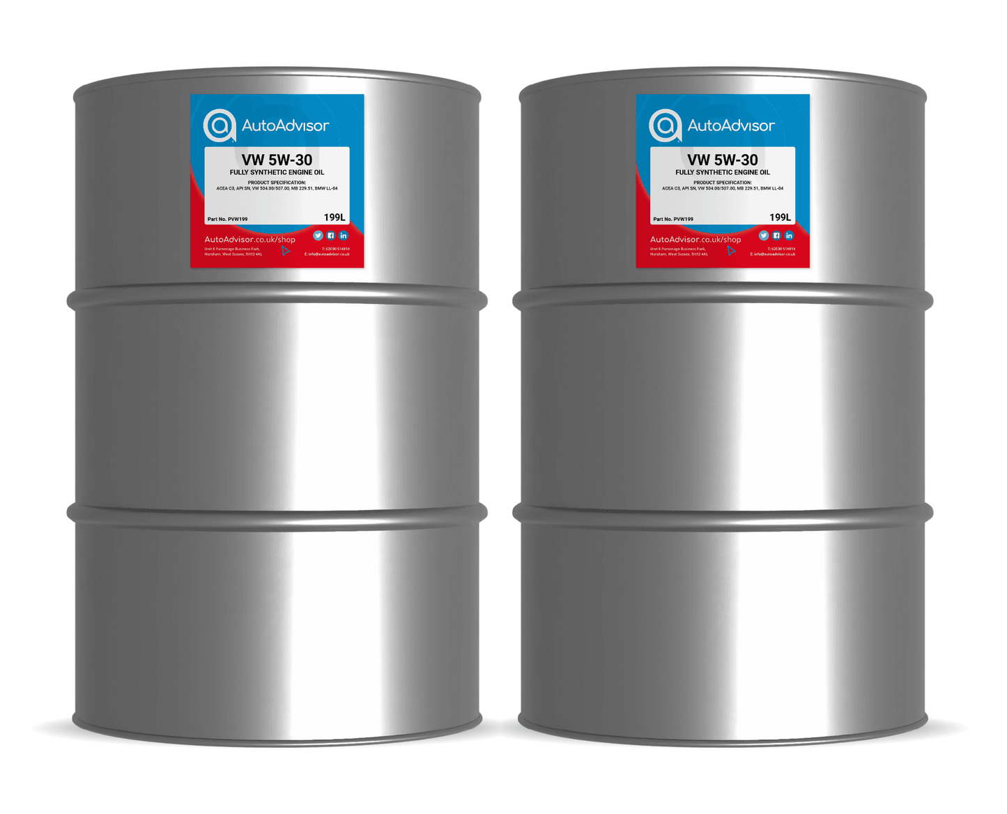 VW 5W-30 LongLife Oil Barrel 199L x2 for Audi and VW cars, fully synthetic low SAPS motor oil meeting VW 504.00 and 507.00 specs.