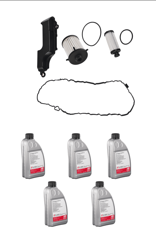 FEBI 180604 + 49700 automatic transmission hydraulic filter kit for Audi 0CK with filters, seals, gasket, and 5 bottles of transmission oil.