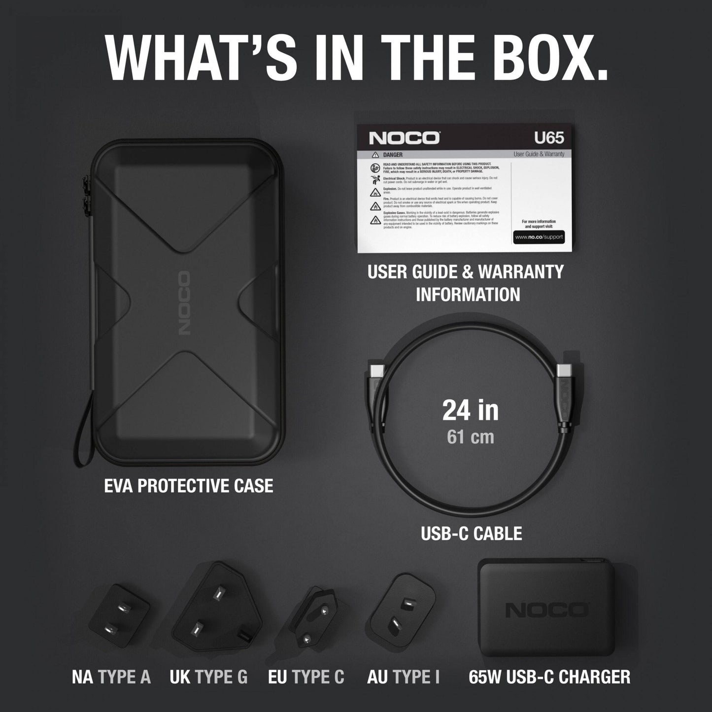 Noco Boost X U65 Charger 65W USB-C with EVA case, USB-C cable, user guide, and global plug adapters for NA, UK, EU, and AU types.