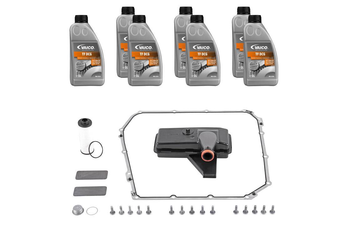 Vaico V10-3220 automatic transmission oil service parts kit with 7 bottles of TF DSG fluid, filter, gasket, bolts, fits Audi A4 A5 0B5 DQ500.