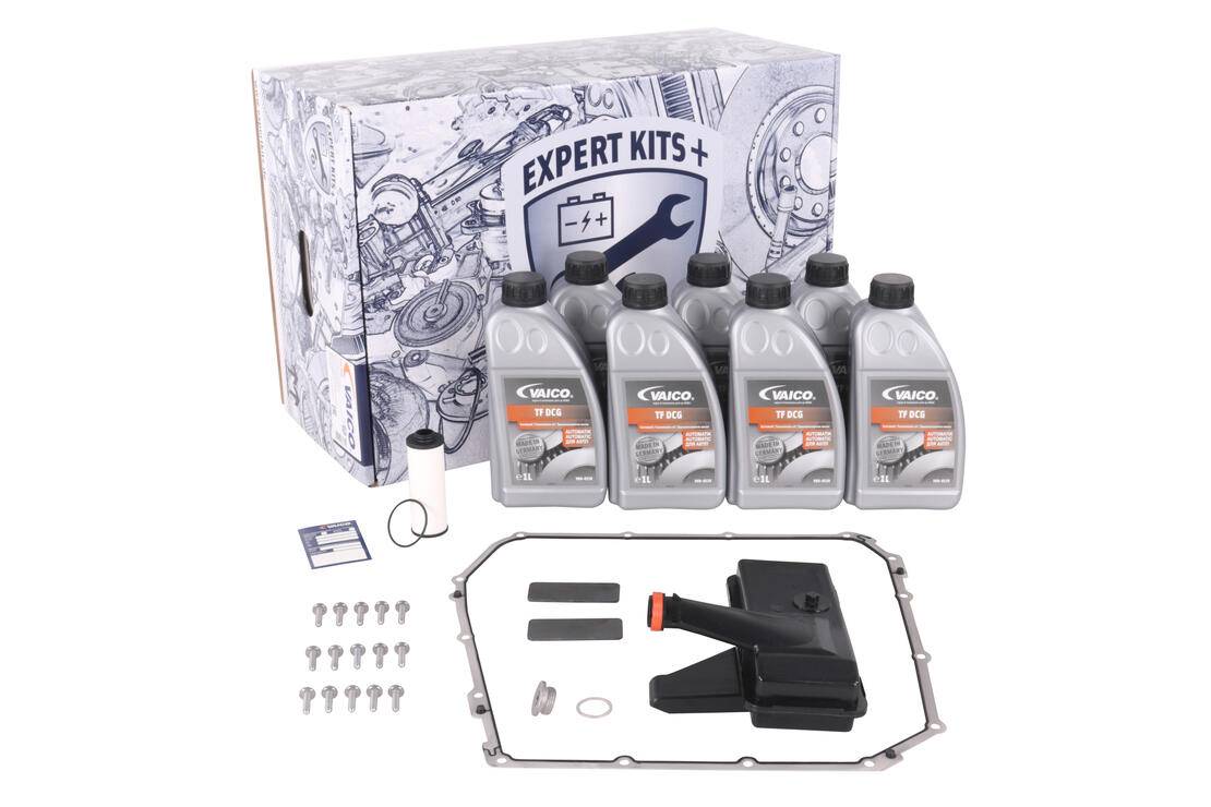 Vaico V10-3220 Automatic Transmission Oil service for Audi A4 A5 0B5 DQ500 with filter, gasket, bolts, and 6 bottles of fluid